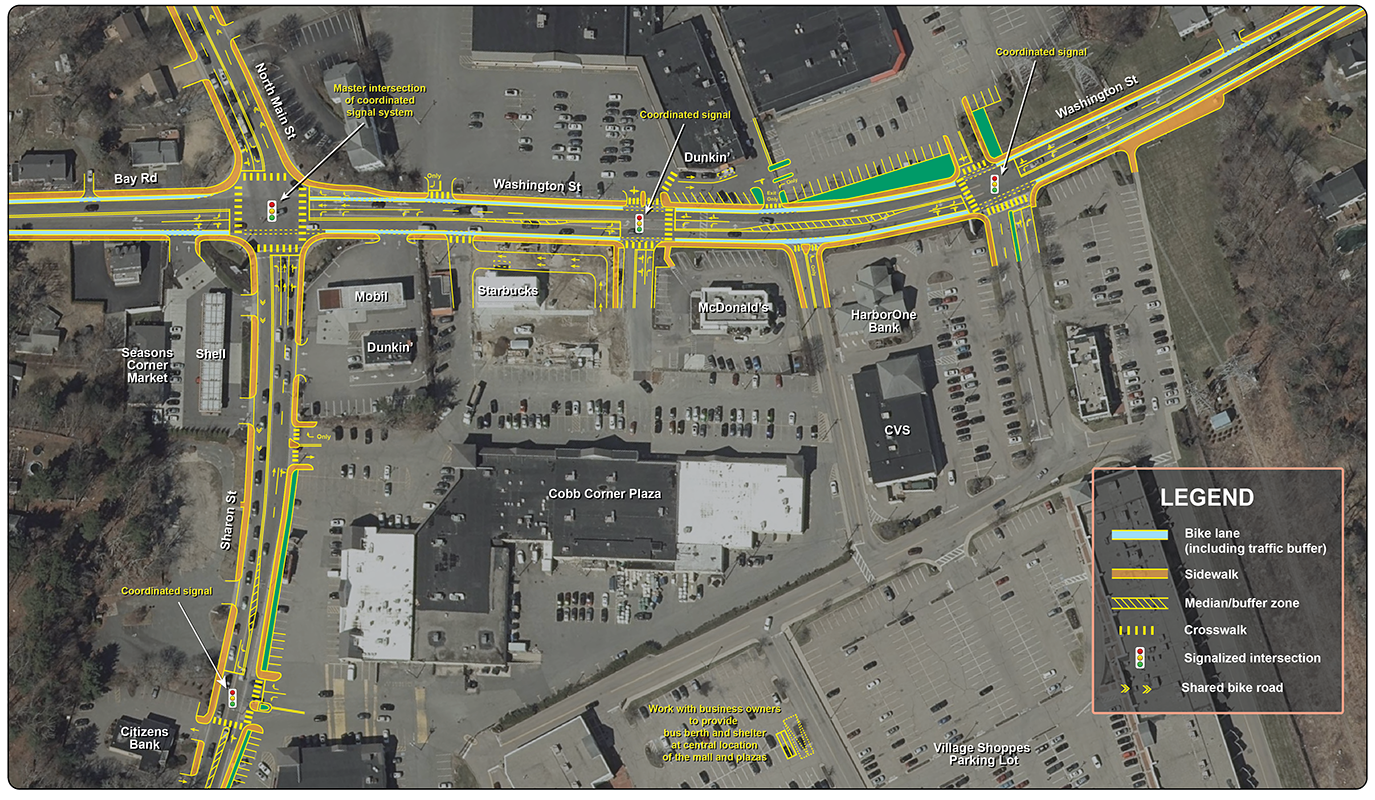 Figure 21: Cobb Corner Section Conceptual Plan
This figure displays an aerial satellite image with proposed improvements in the Cobb Corner section of the Washington Street corridor. Multiple intersection improvements are proposed at the main intersection of Route 27/Sharon Street and Washington Street, as well as at various plaza driveways along Washington Street and Sharon Street.